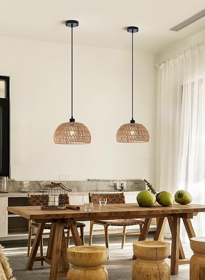 APEX Chandelier Light Fixture, Farmhouse Rattan Pendant Light, Woven Rope Lampshade Rustic Cage Hanging Lamp, E27 Semi Flush Mount Ceiling Light for Kitchen Island Living Dining Room Bedroom - Image 2